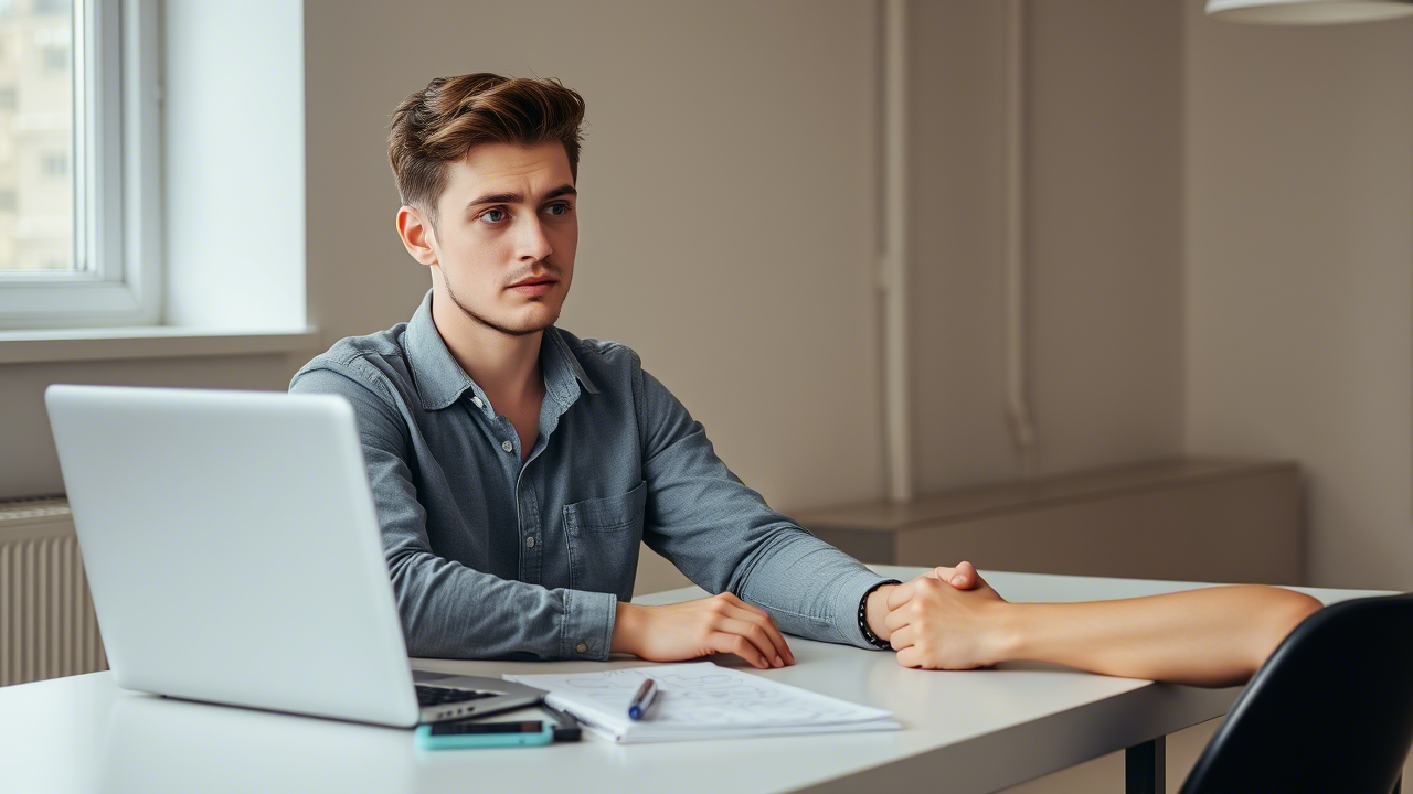 A young, enthusiastic man sitting at his desk with a notepad and a laptop, looking at an email marketing tutorial. He has a beginner’s guide open and looks curious, representing someone starting their email marketing journey.